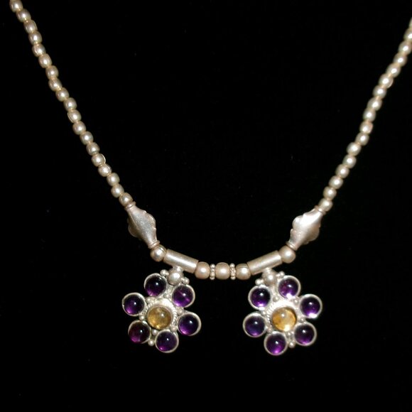 Vintage Amethyst Flower 18" Silver Bead Necklace - Picture 1 of 9